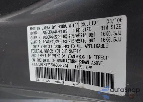 2006 Honda Cr-V Lx z USA, uszkodzony, nr VIN JHLRD78536C044704